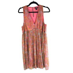 H&M Sleeveless Paisley Dress Pleated V-Neck Pink Orange Size 14